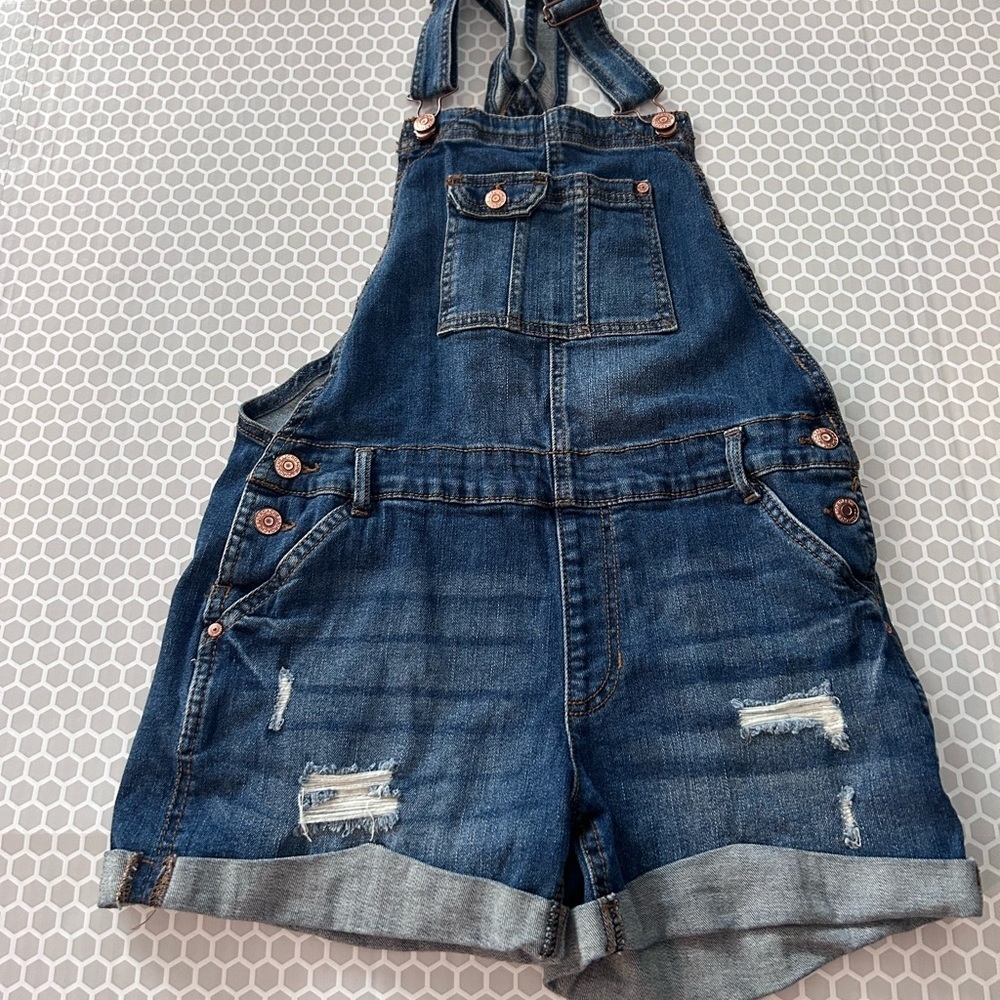 Jordache Classic Blue Denim Overalls Distressed Areas Adjustable Straps Size XL